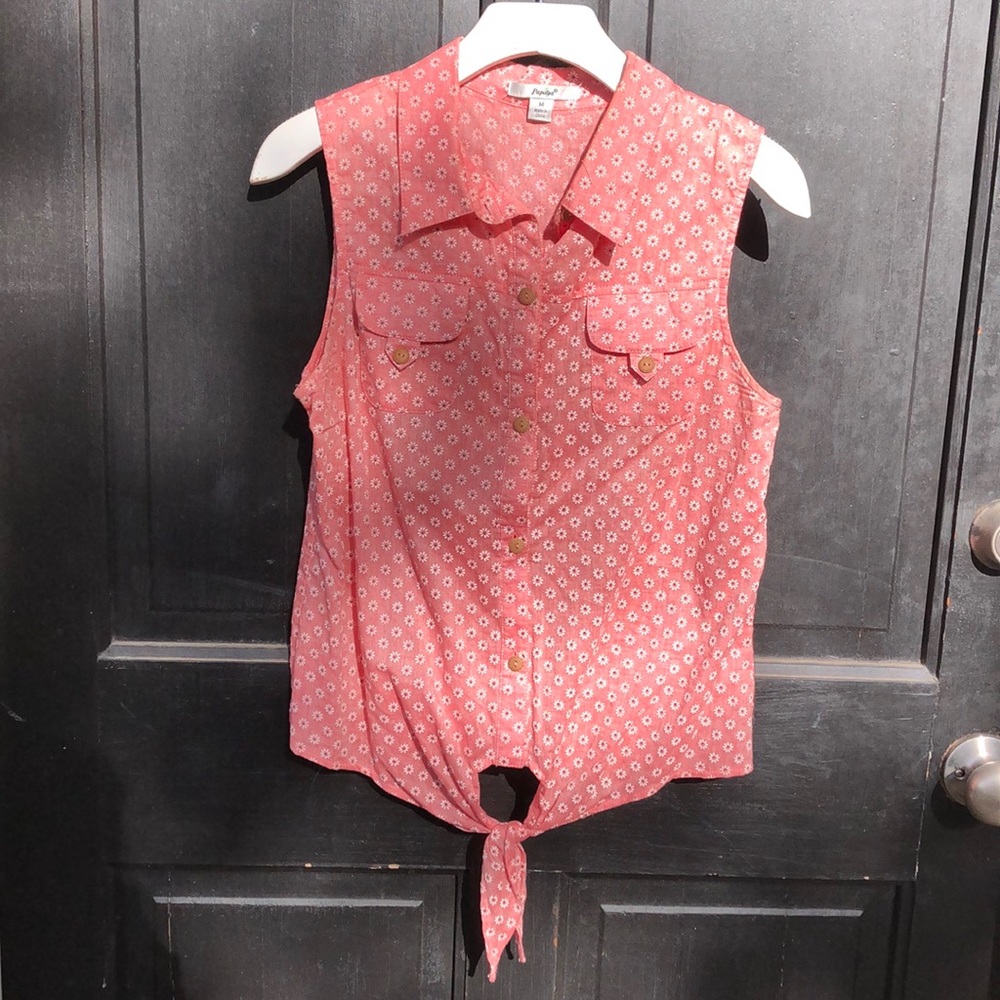 Papaya Tie Front Button Down Top